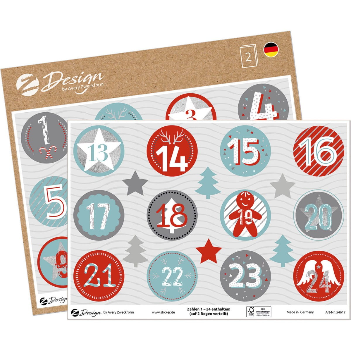 Naklejki papierowe ze srebrnymi tłoczeniami, na ark. A5 - numerki adwentowe Z-Design 54617, Avery Zweckform